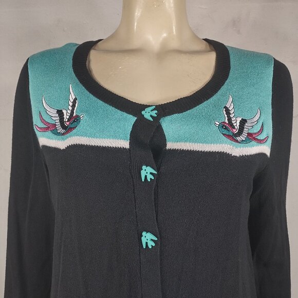 Too Fast black teal embroidered birds button front cardigan sweater ladies Large - Picture 2 of 10